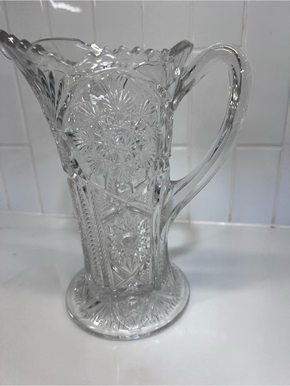 Vintage Pressed Glass 8.5" tall Brilliant Cut Starburst Sawtooth Edge Pitcher - Picture 7 of 10
